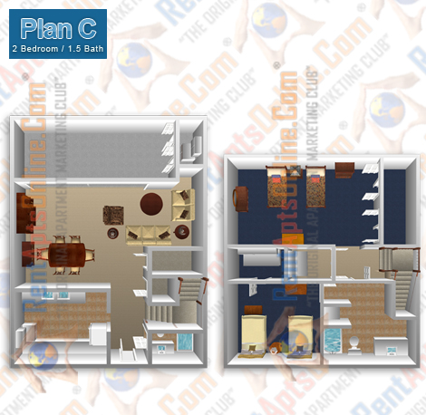 This image is the visual 3D representation of Floor Plan C in Fullerton Townhouse Apartments.