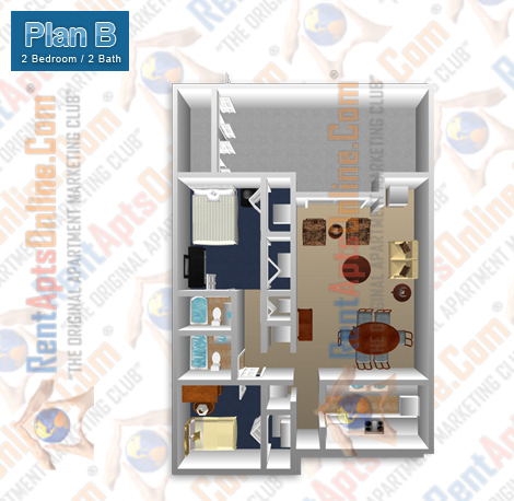This image is the visual 3D representation of Floor Plan B in Fullerton Townhouse Apartments.