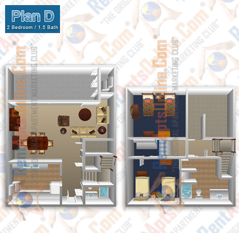 This image is the visual 3D representation of Floor Plan D in Fullerton Townhouse Apartments.